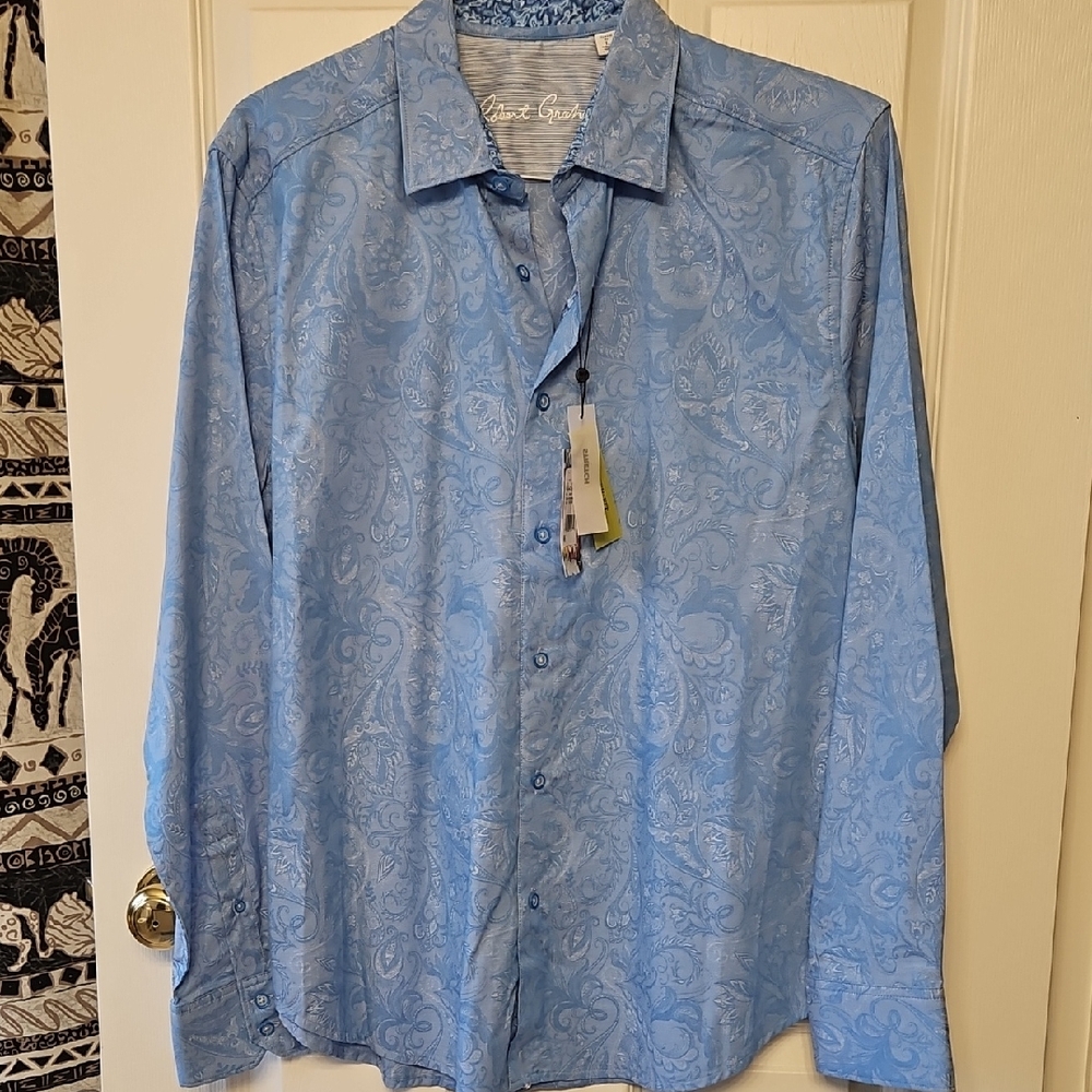 Men's Robert Graham Blue Damask Shirt W/ Slight Stretch. Mens Large.